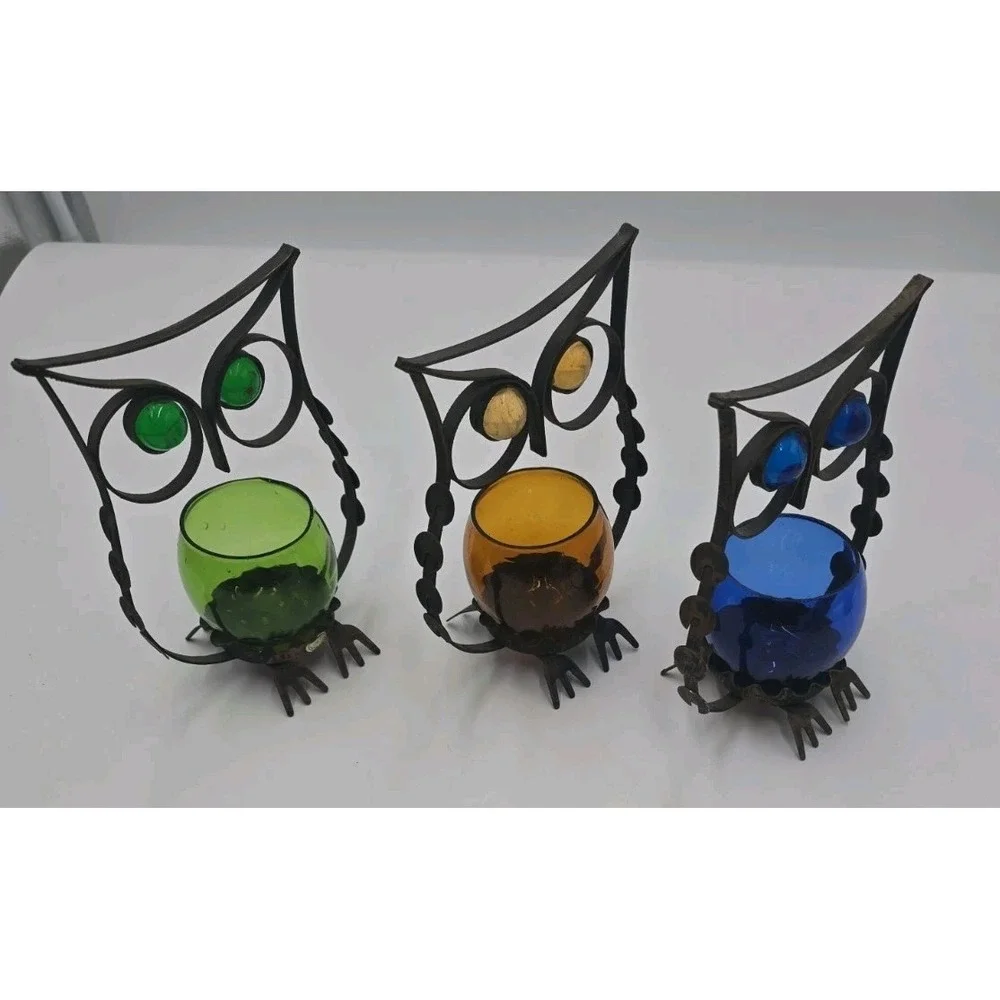 3 Metal Owl Tealight Votive Candle Holder w/Glass Candle Holder Farmhouse